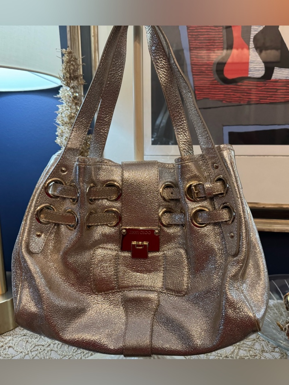 Jimmy Choo Metallic Gold Ramona Leather Shoulder Bag